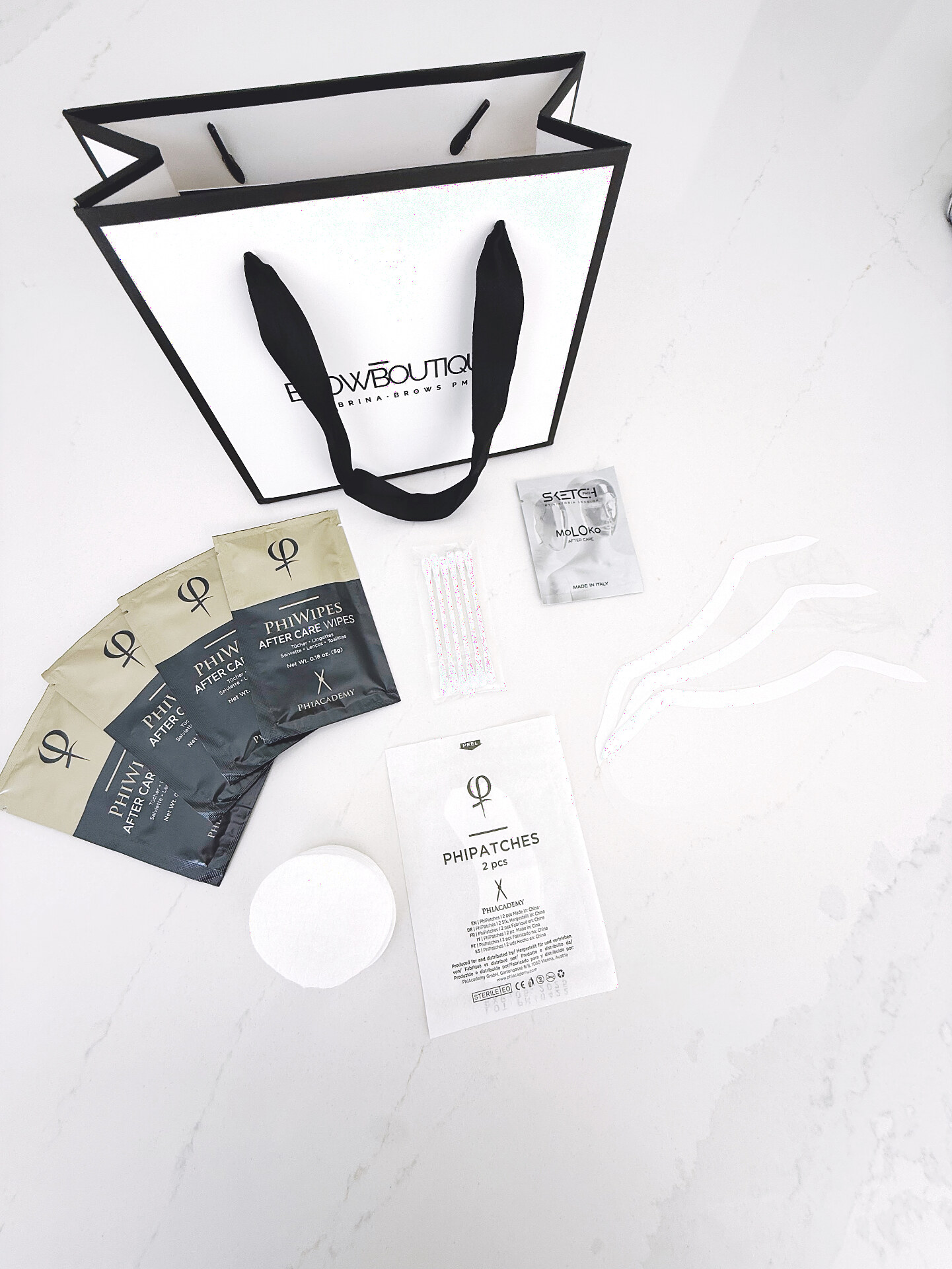 Browboutique premium aftercare kit — PhiWipes, PhiPatches and MoLOko ointment