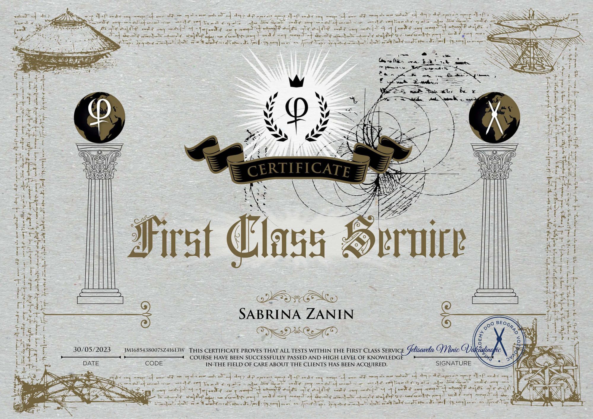 First Class Service certificate — Sabrina Zanin