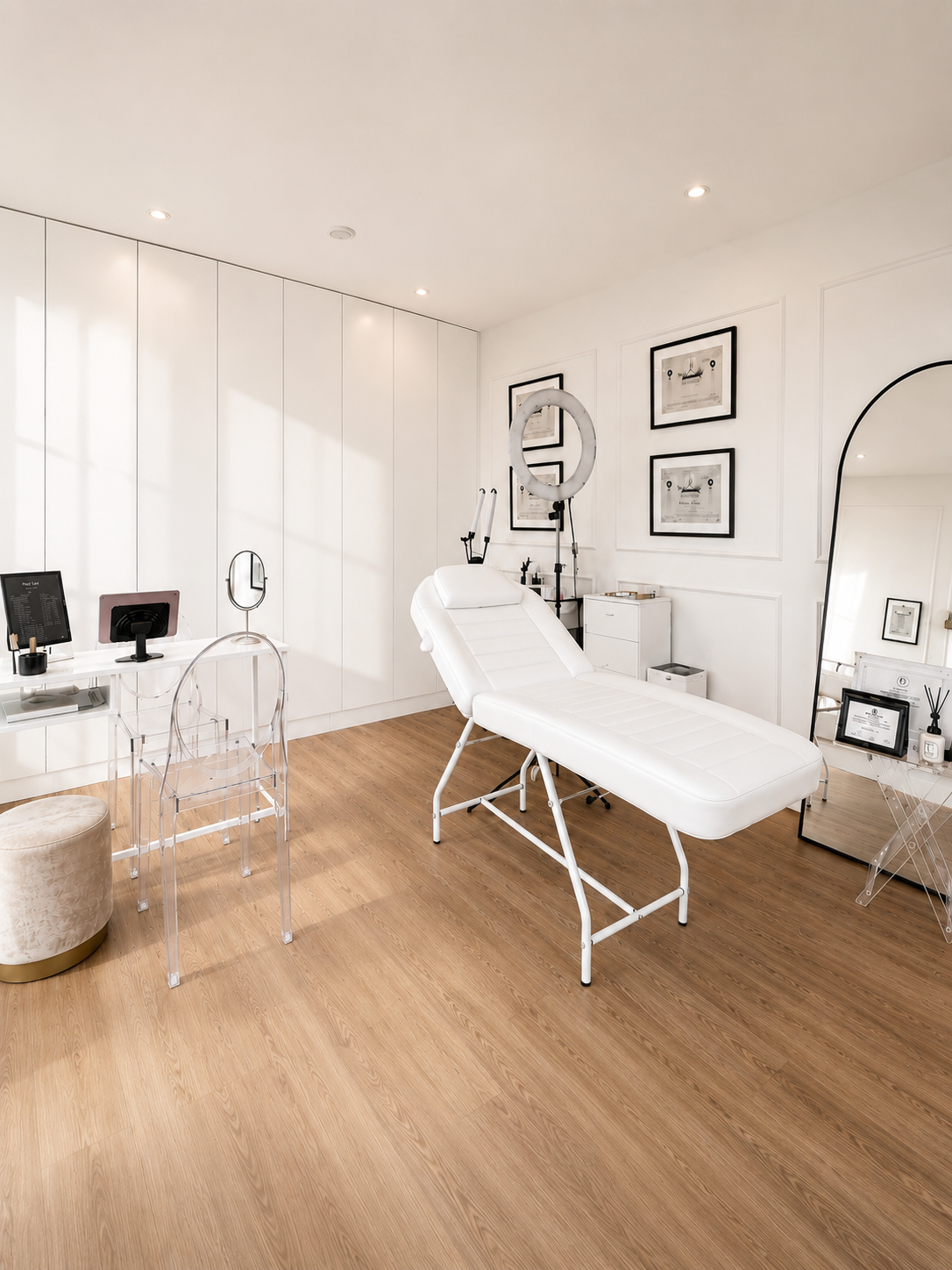 Browboutique private studio in Cascais — treatment room with PhiBrows certifications and full-length mirror